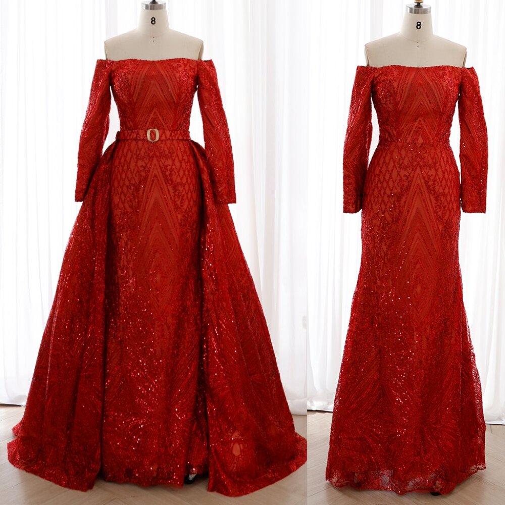 Off the Shoulder Long Sleeves Sequin Prom Dress Formal Evening Gown